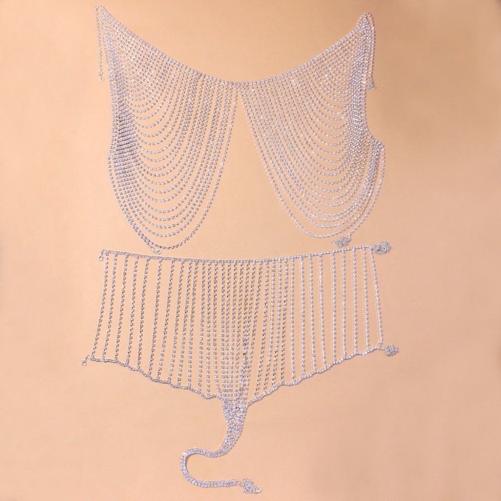 Sexy Rhinestone Tassel Body Chain Bikini Bra Skirt Set Shiny Body Jewelry - Picture 6 of 7